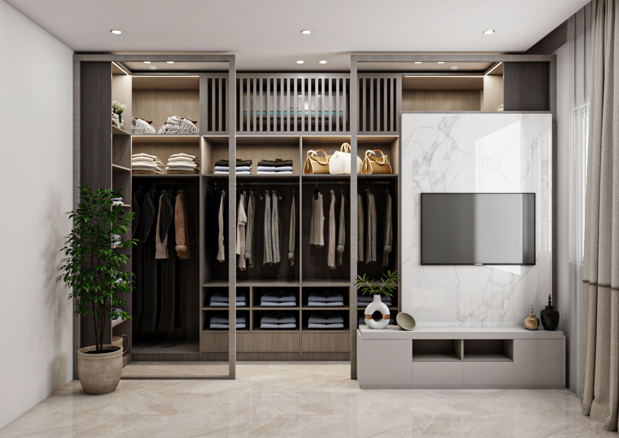 تصميم خزانة ملابس بمساحة منظمة وفخامة هادئة